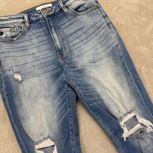 KanCan Jeans Women's 9/28 Milan High Rise Mom Distressed Faded Medium Blue Denim